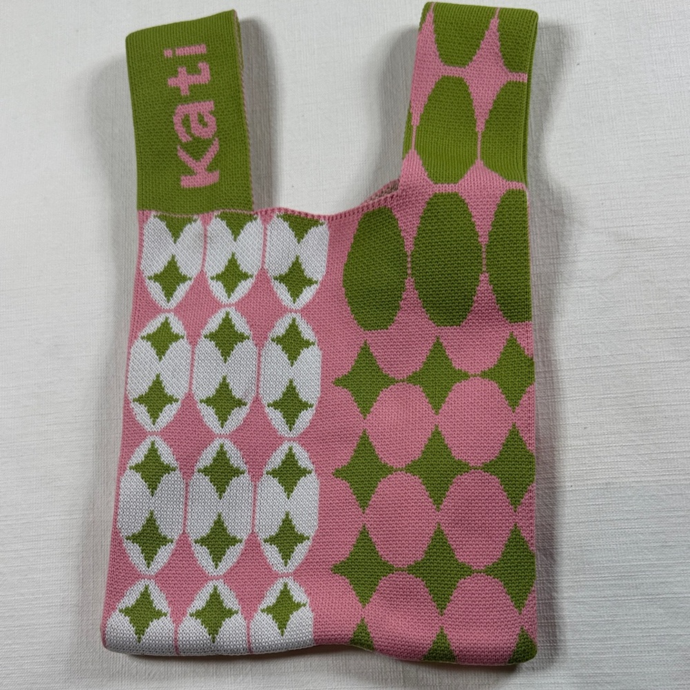 Kati Pink Green Knit Geometric Pattern Mini Tote Bag Asymmetrical Handle